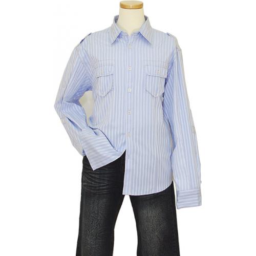 Manzini Baby Blue With White Stripes 100% Cotton Casual Shirt
